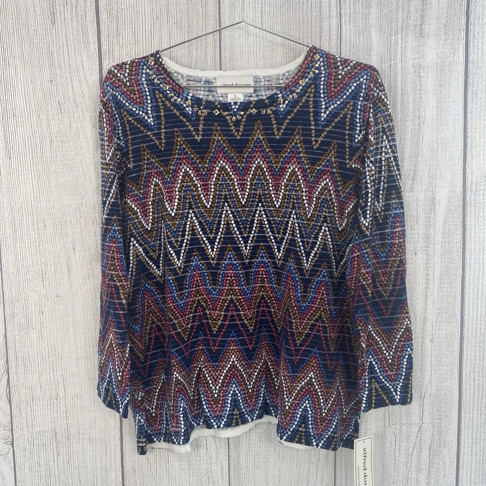 Alfred Dunner Top Womens XL Navy Blue Multi Textured Chevron Stripe Embellished